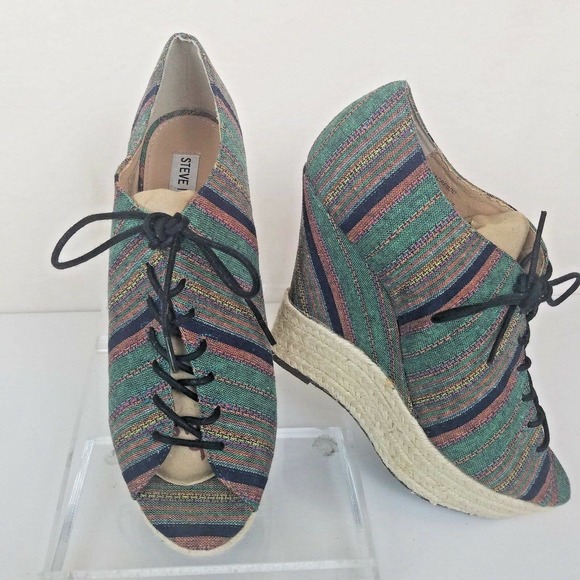 Steve Madden Wedge Shoes 9.5M Canvas Lace-up Espadrille Green Stripes Peep Toe - Picture 1 of 6